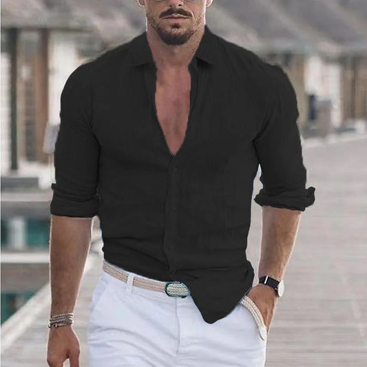 Men’s Elegant Cotton Linen Lapel Long Sleeve Shirt