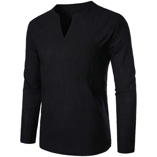 Men’s Cotton Linen V-Neck Slim Fit Long Sleeve Shirt