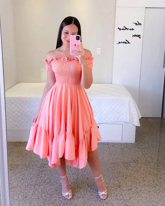 Summer Off-Shoulder Floral Dress with Short Sleeves