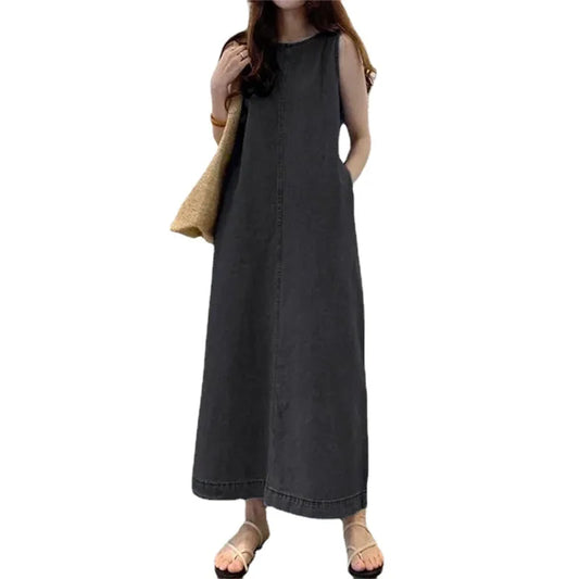 Sleeveless Denim Long Dress with Pockets